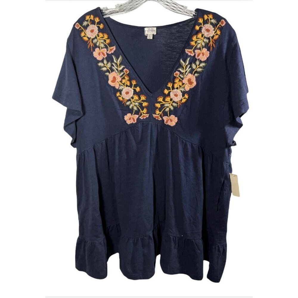 Keep in Touch Womens V Neck Embroidered Ruffled Blouse Top Navy Blue - Size M